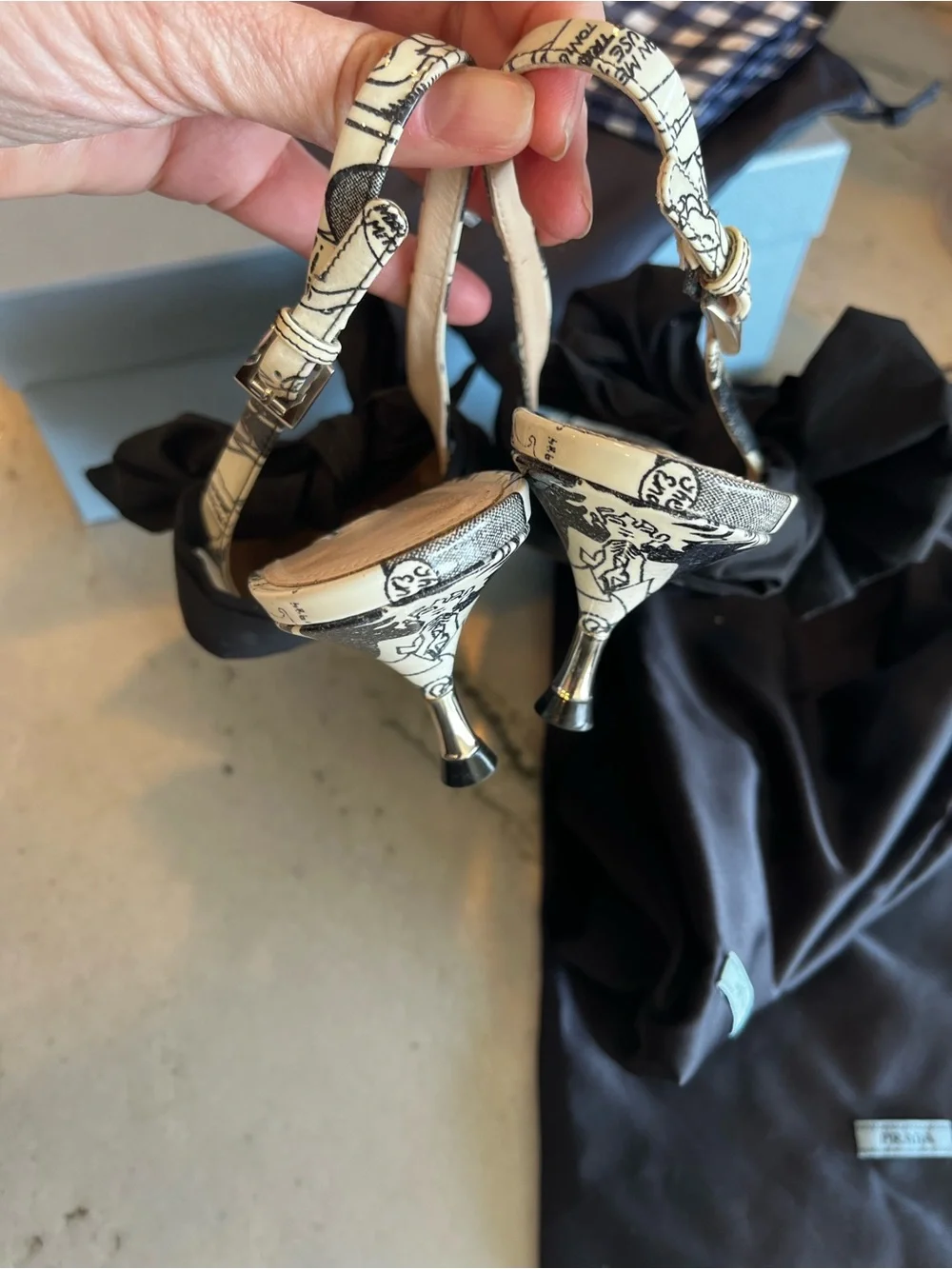 Prada Cream & Black Comic Strip Printed Bow Slingback Pumps. Very Special.
